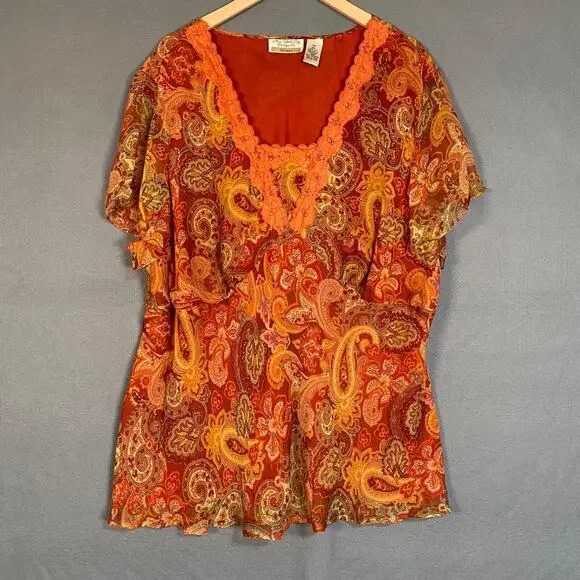 Vintage New York Co Womens 100% Silk Babydoll Top Size 3X Fairy Lace Trim Mesh - Picture 1 of 11